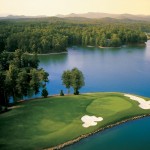 a golf course with a lake and trees